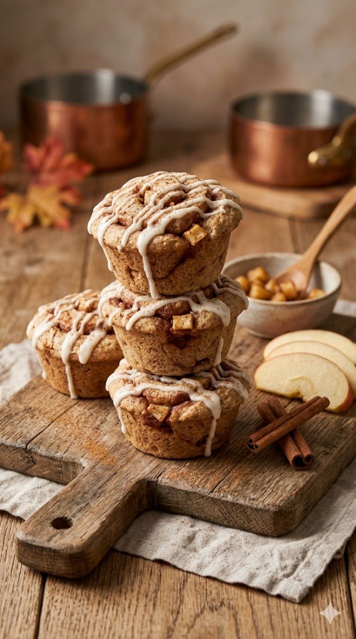Apple cinnamon roll muffins with cream cheese glaze and cinnamon.
