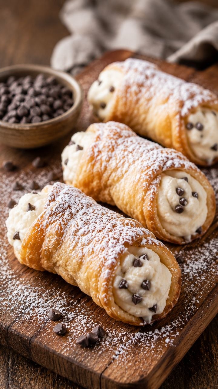 Cannoli cream puffs with ricotta filling and chocolate chips.
