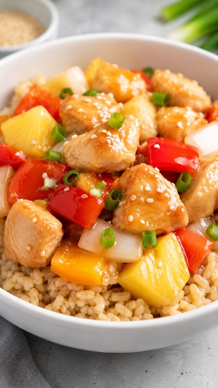 Lighter sweet and sour chicken with peppers, pineapple, and brown rice.