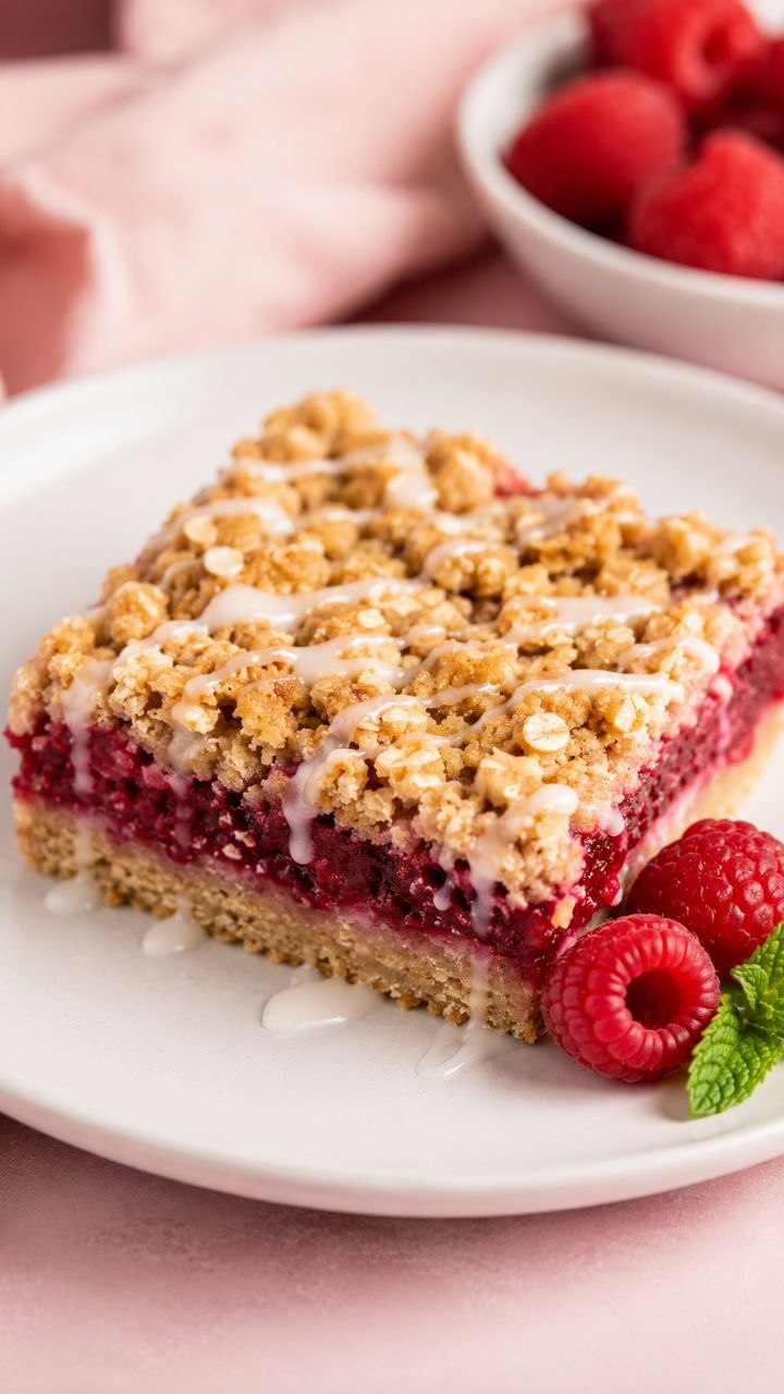Raspberry crumb bar with oat crust and fresh raspberries.