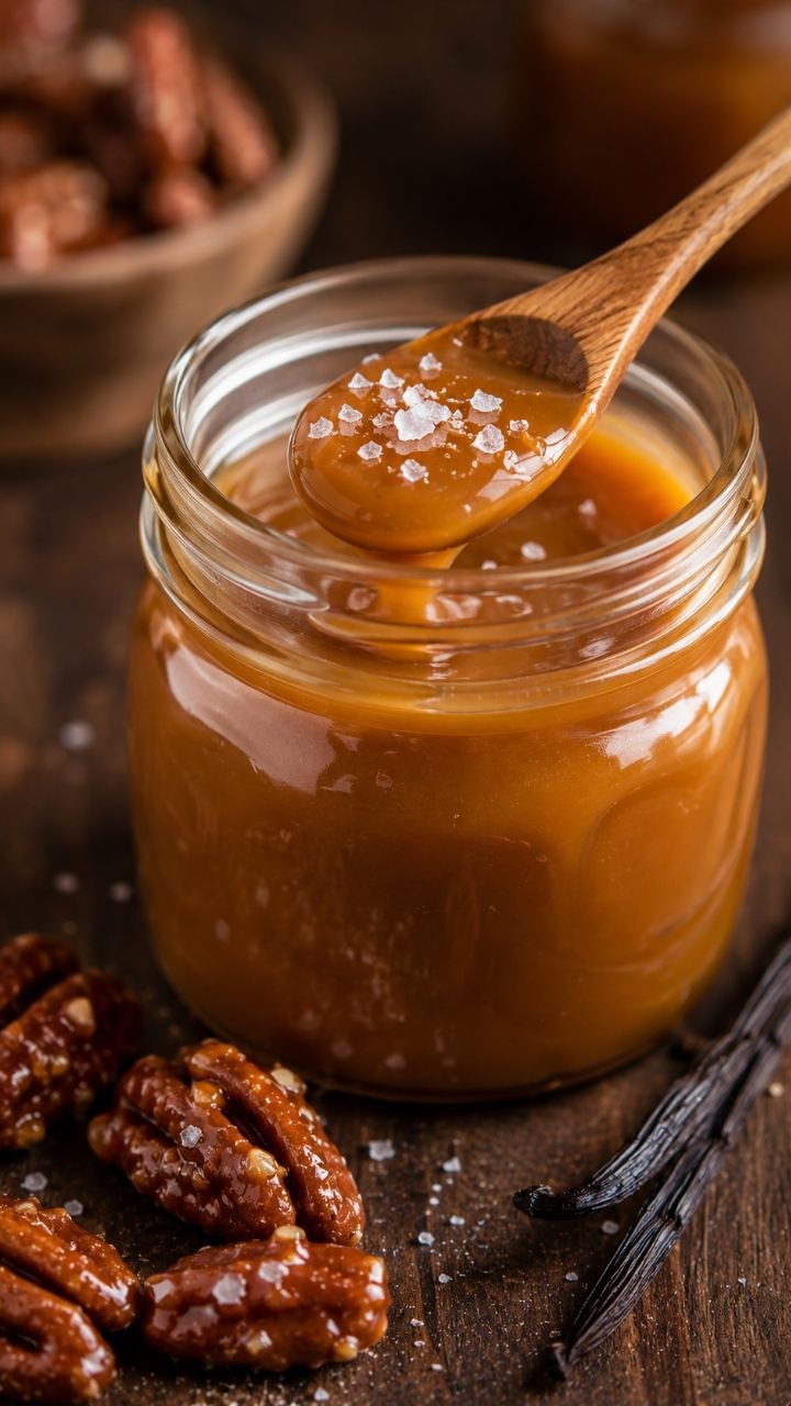 Homemade salted caramel sauce with sea salt and pecans.