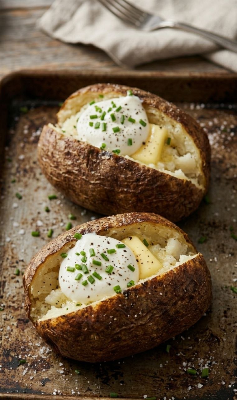 Fluffy baked potatoes with butter, sour cream, and fresh chives.
