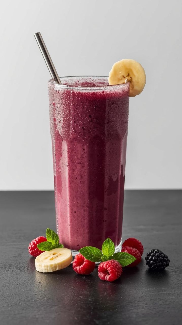 Tall glass of creamy banana berry smoothie with fresh raspberries, banana slices, and mint leaves on a dark surface.