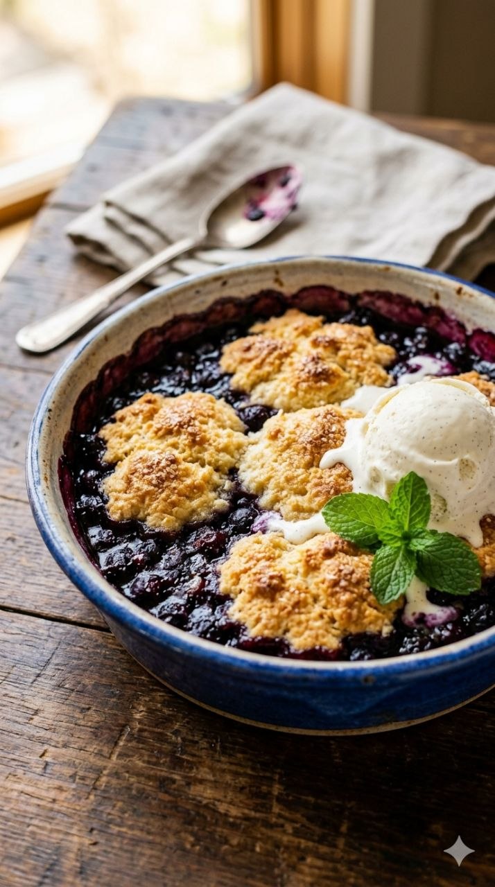 Blueberry cobbler with vanilla ice cream and golden biscuit topping.