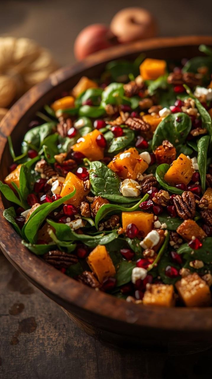 Fresh spinach salad with roasted butternut squash, pomegranate arils, crumbled goat cheese, and candied pecans, drizzled with balsamic glaze.