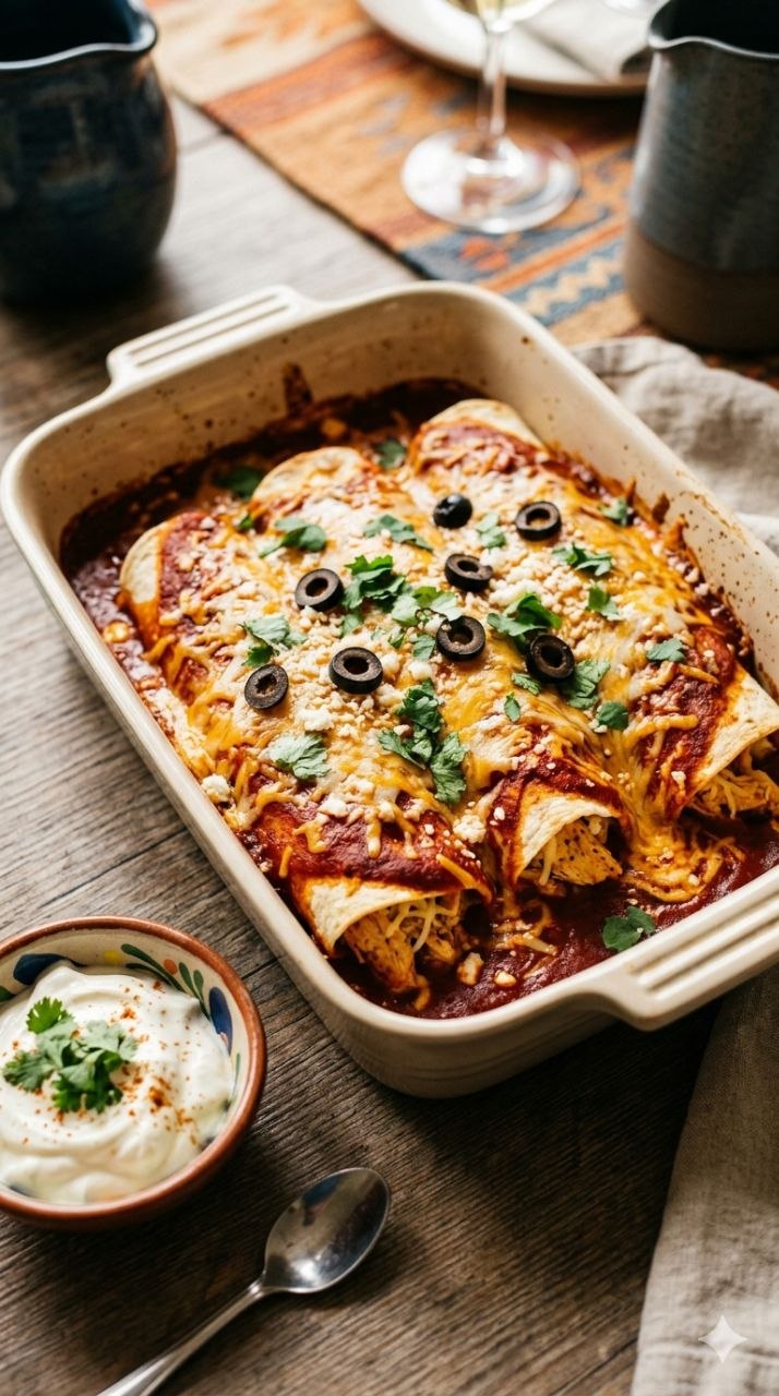 Chicken enchiladas with red sauce, melted cheese, and sour cream.