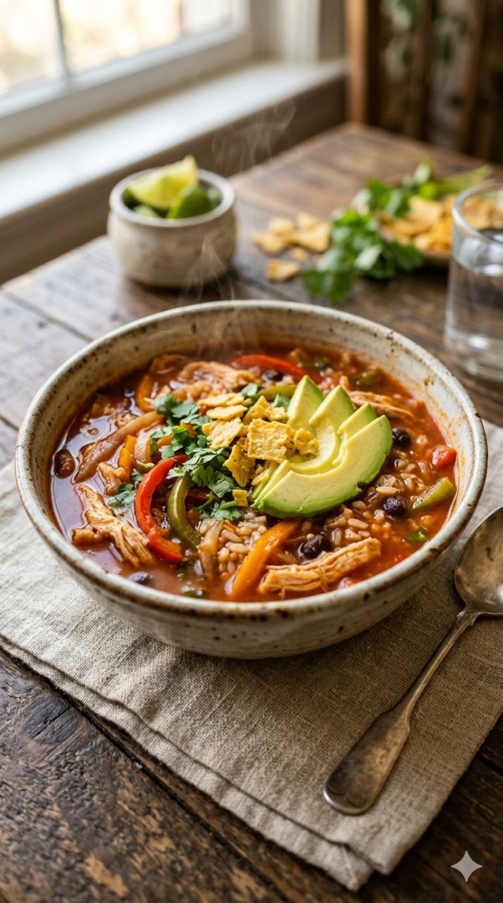 Chicken fajita and rice soup with avocado, cilantro, and tortilla chips in a rustic bowl.