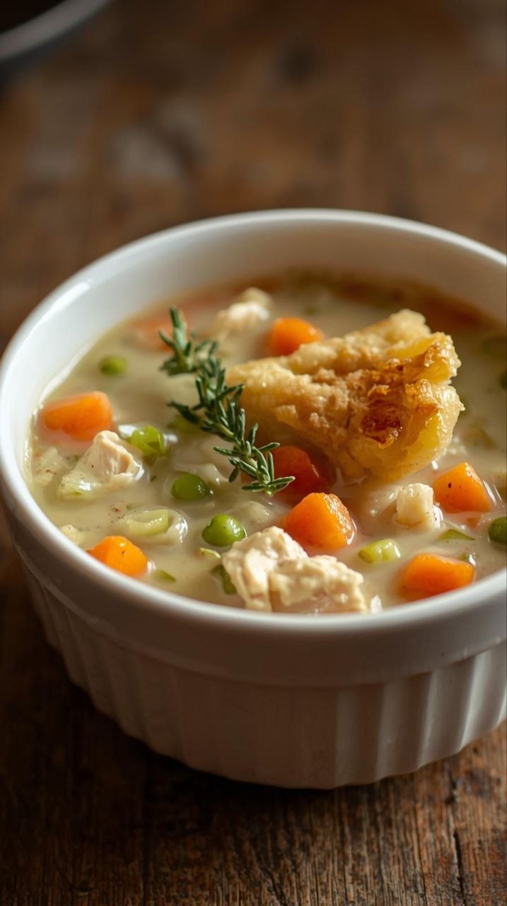 Creamy chicken pot pie soup with vegetables and puff pastry crumble in a rustic bowl, garnished with fresh thyme.