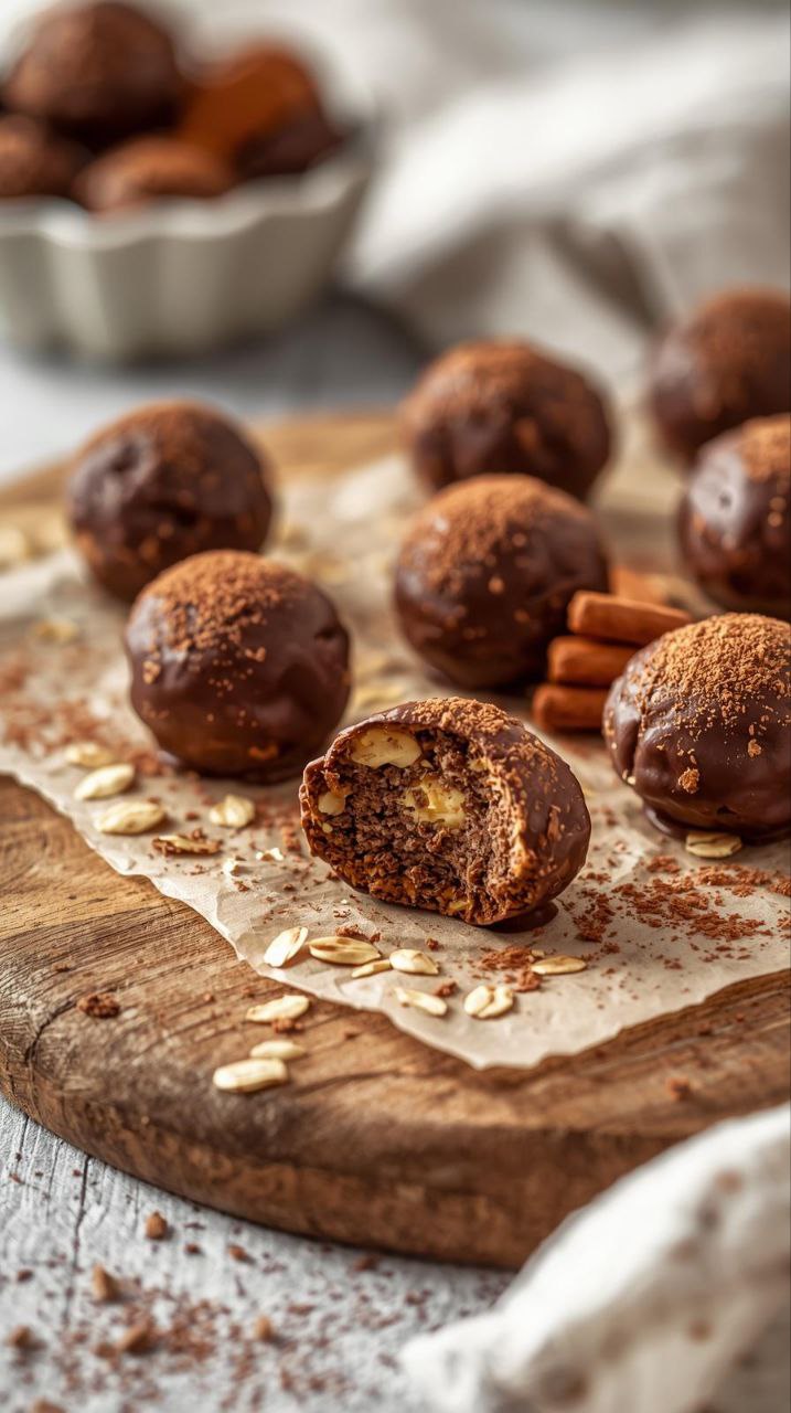 Chocolate energy bites made with oats and cocoa powder arranged on parchment paper
