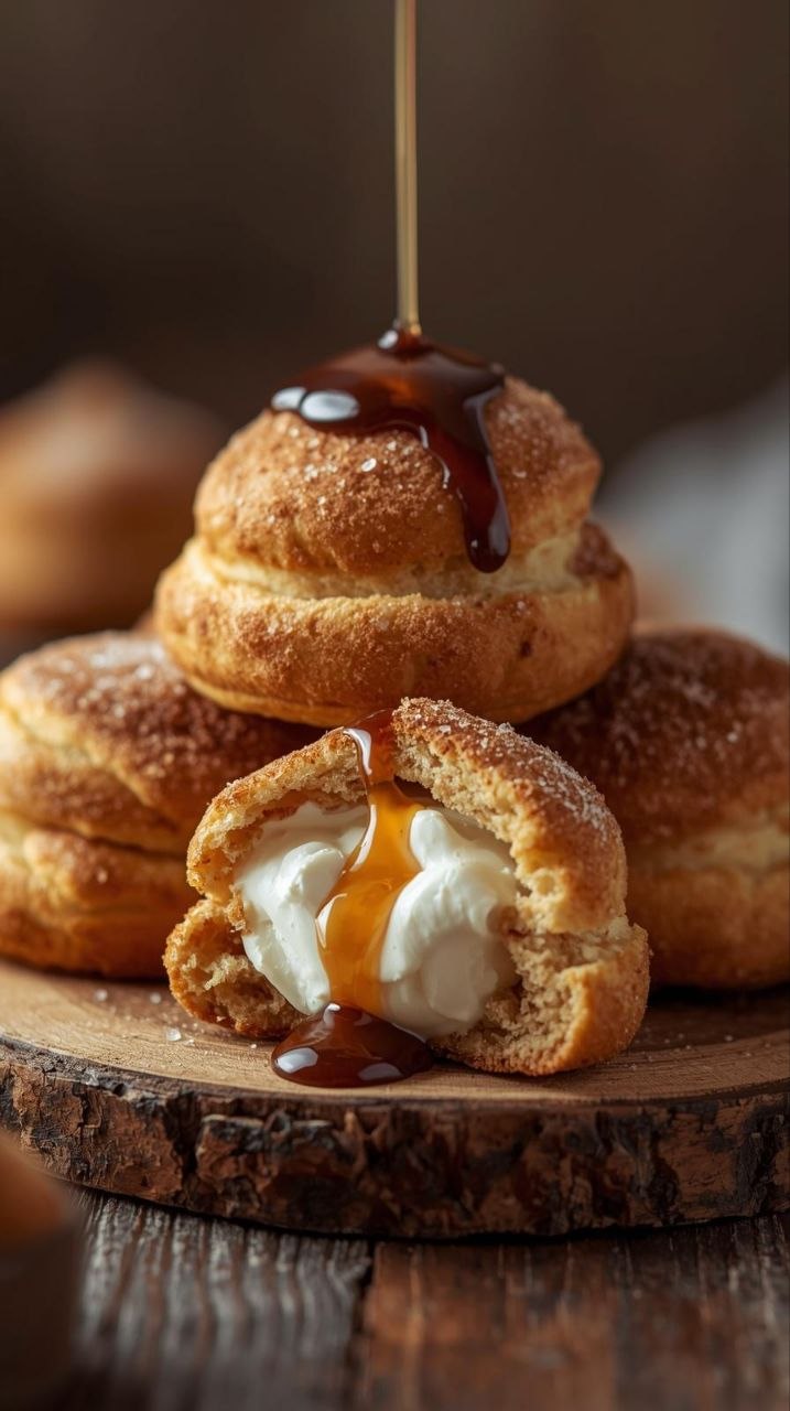 Stack of churro cream puffs coated in cinnamon sugar, filled with vanilla pastry cream, drizzled with dulce de leche.