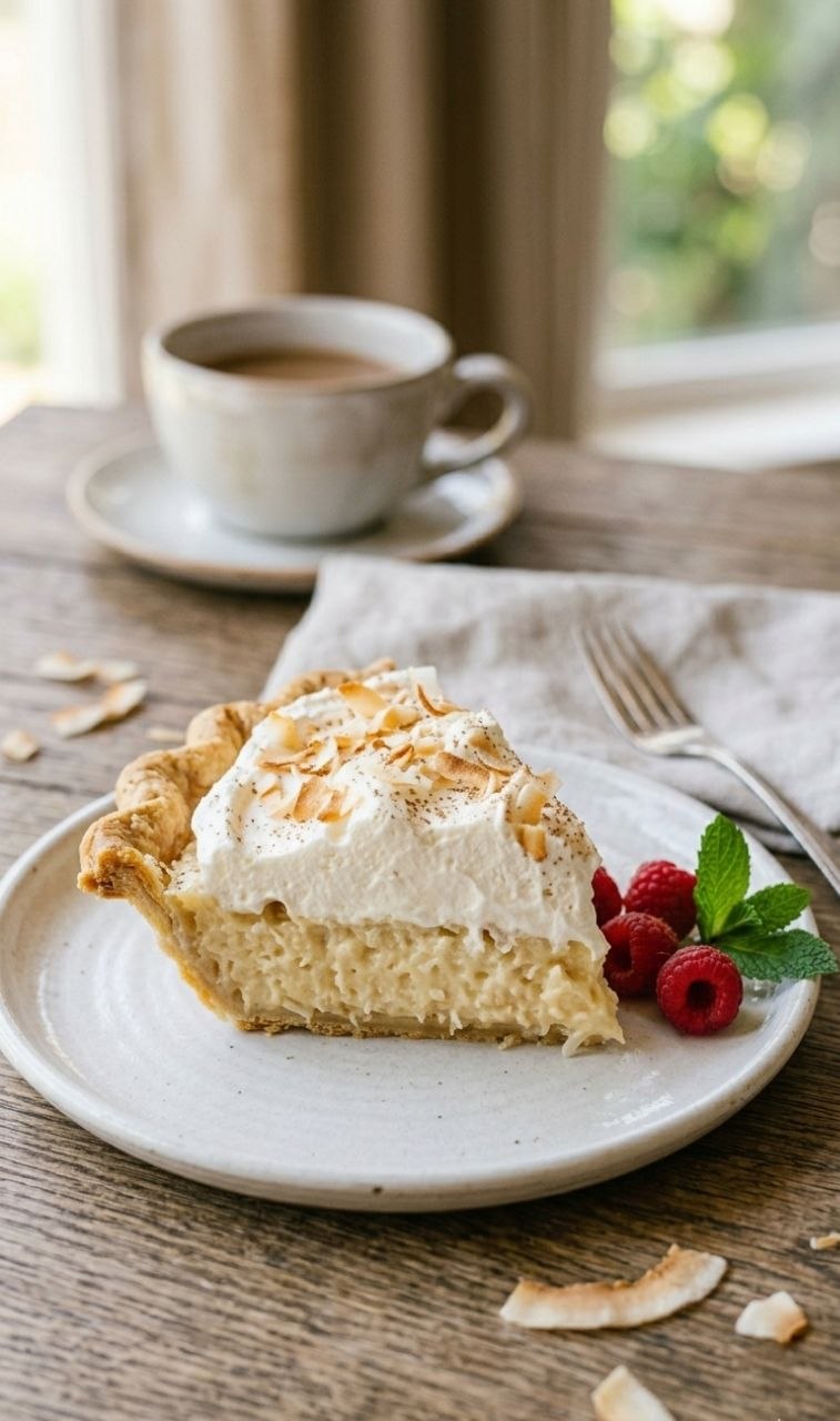 Coconut cream pie slice with whipped cream and toasted coconut flakes on a white plate.