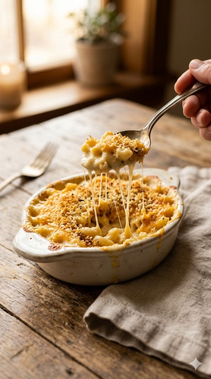 Creamy baked mac and cheese with golden breadcrumb topping.