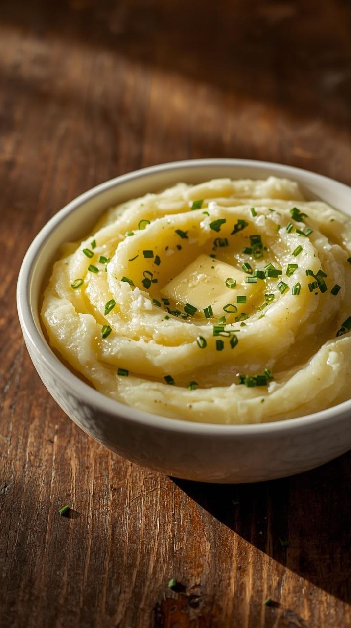 Creamy mashed potatoes in a white bowl with melting butter and fresh chives, rustic food photography.