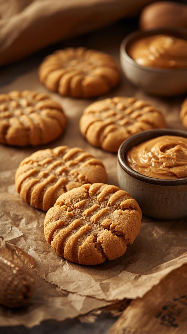 Flourless peanut butter cookies with fork pattern baked to golden brown