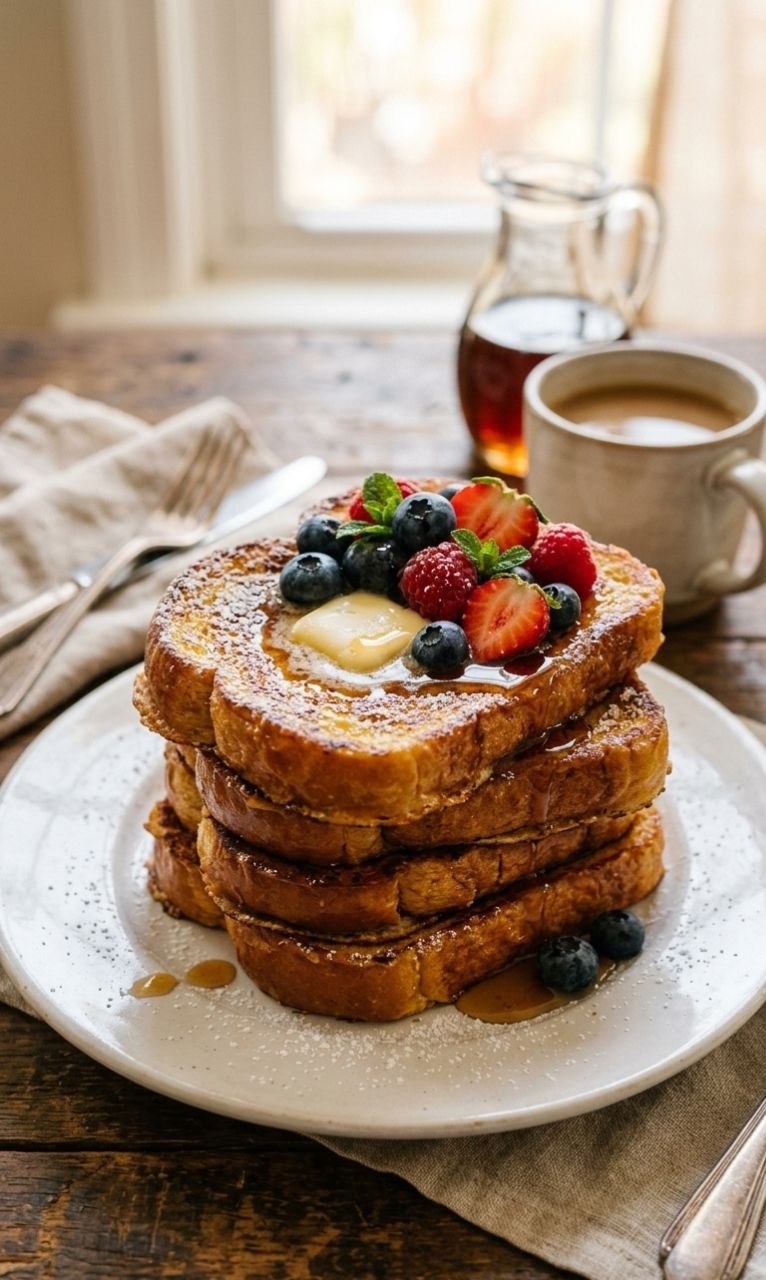 Golden French toast stack with powdered sugar, berries, and maple syrup.
