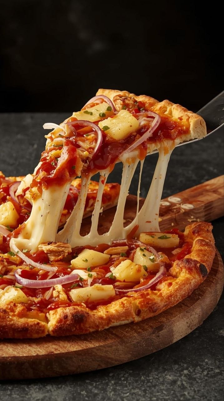 Slice of Hawaiian BBQ chicken pizza with pineapple, red onion, and melted mozzarella on a rustic stone background.