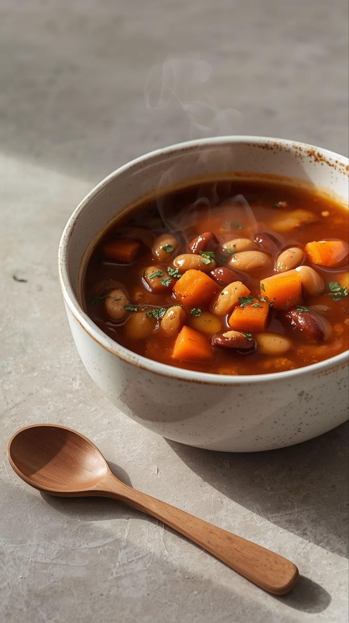 Rustic bowl of hearty bean soup with carrots and herbs, steam rising, wooden spoon on the side.