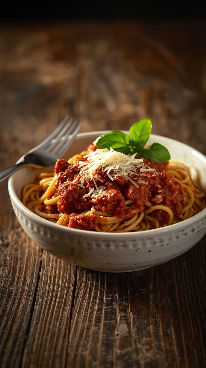 Rich homemade Bolognese sauce over spaghetti in a white bowl, topped with Parmesan and basil, rustic food photography.