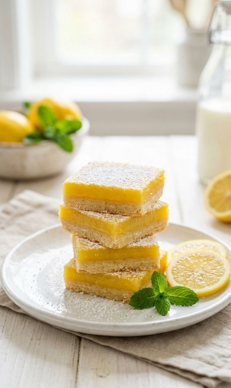 Lemon bars with buttery crust and tangy curd, dusted with powdered sugar.