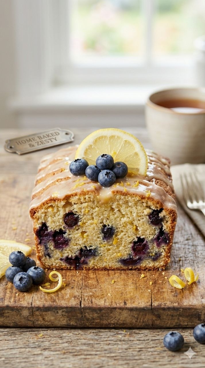 Lemon blueberry bread slice with lemon glaze and fresh blueberries.