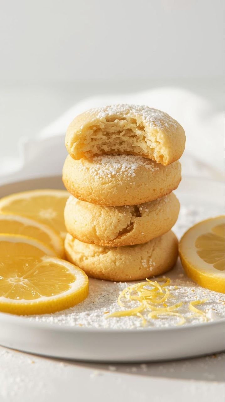 Stack of soft lemon sugar cookies dusted with powdered sugar, fresh lemon slices beside them on a white plate.