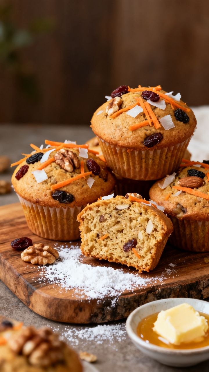 Morning glory muffins with carrots, coconut, raisins, and walnuts, cut to show moist crumb.