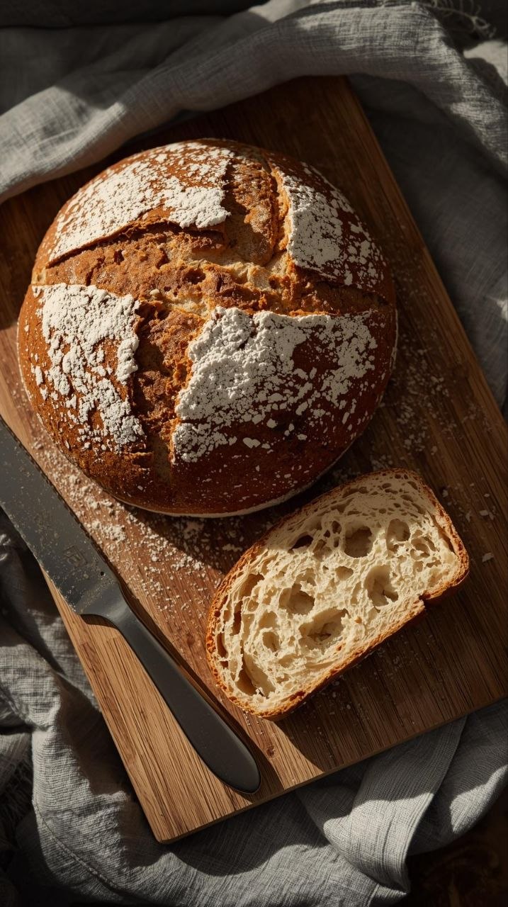 Golden-brown no-knead rustic bread loaf on a wooden cutting board, showing airy crumb texture with flour-dusted crust.