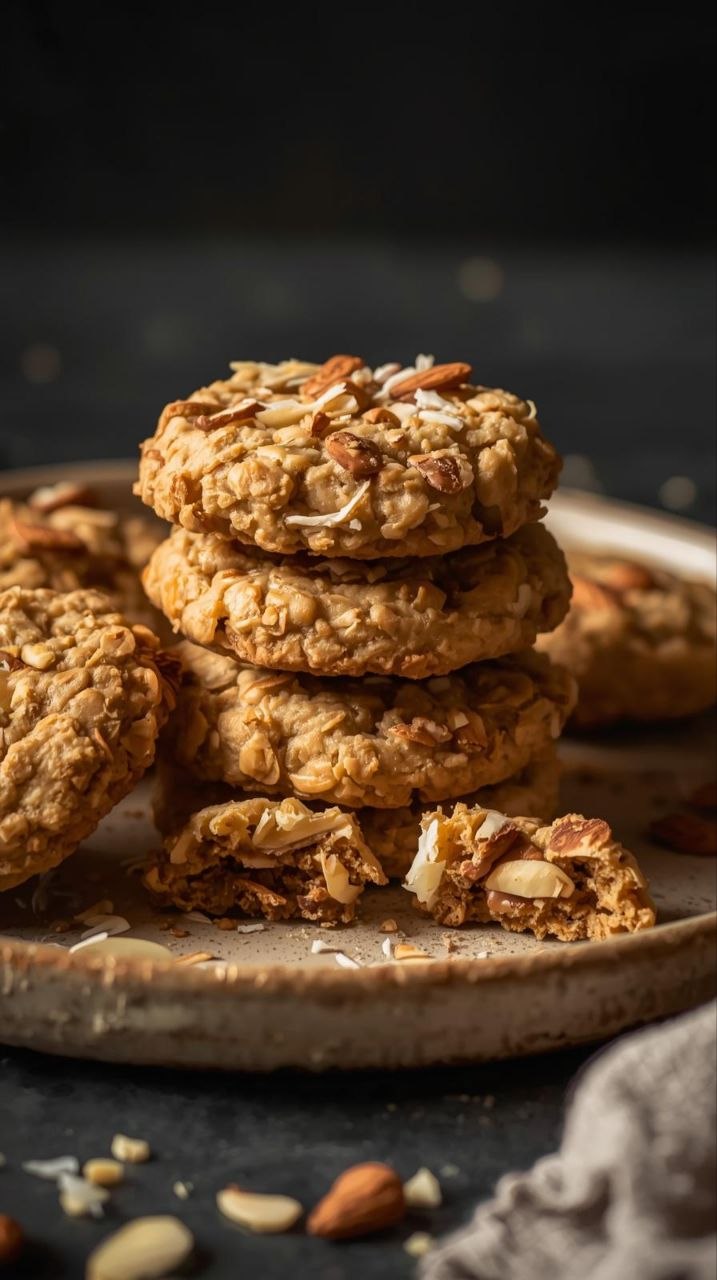 Stack of chewy oatmeal coconut almond cookies with visible oats, coconut flakes, and sliced almonds on a rustic plate.
