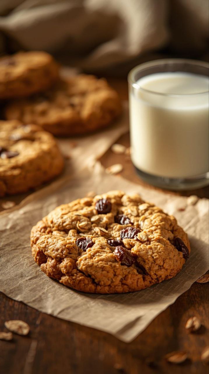 Single oatmeal raisin cookie with chewy center and golden edges served on parchment paper