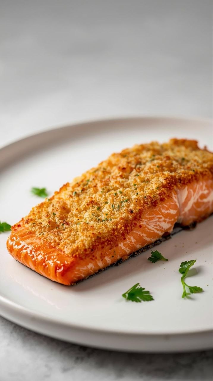 Golden brown parmesan crusted salmon fillet on a white plate, crispy breadcrumb topping with fresh parsley.