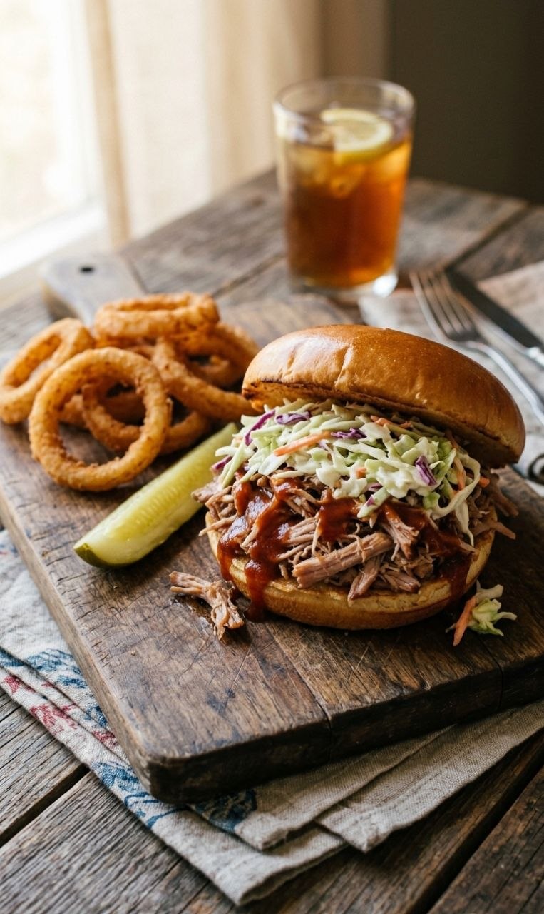 Paula Deen's pulled pork sandwich with barbecue sauce, coleslaw, and onion rings.