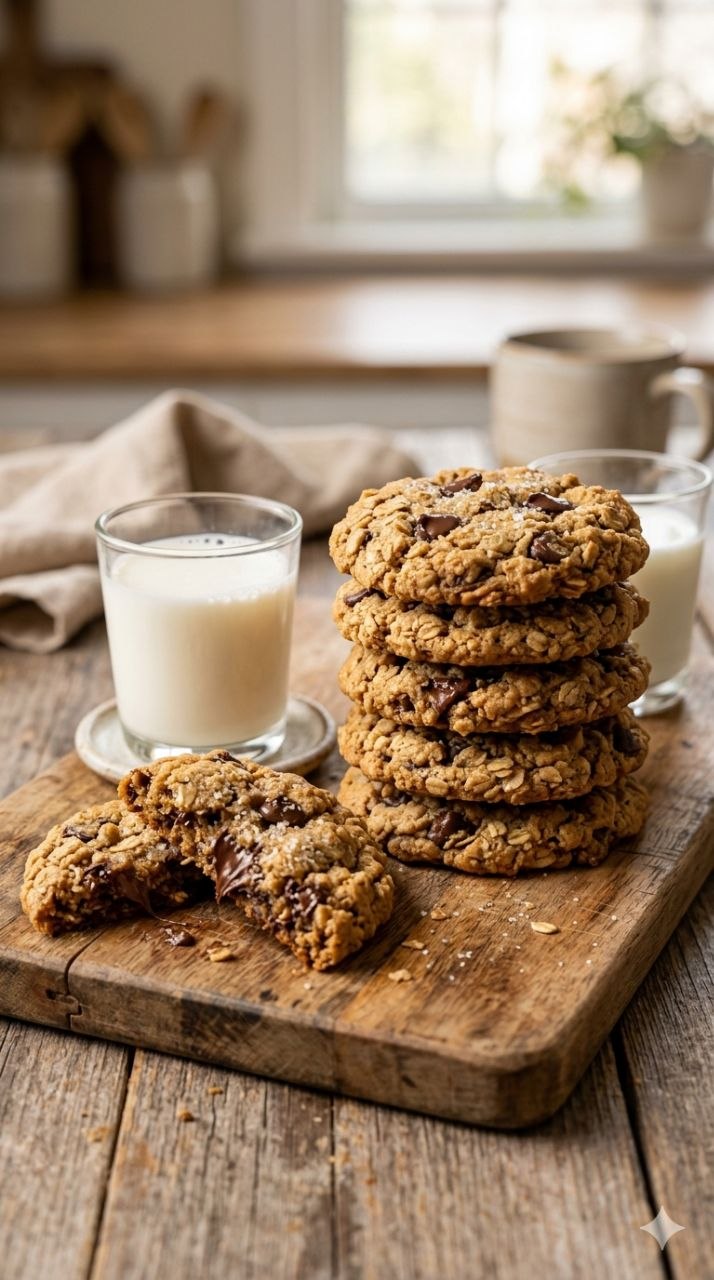 Peanut butter oatmeal chocolate chip cookies with melty chocolate chips and a glass of milk.