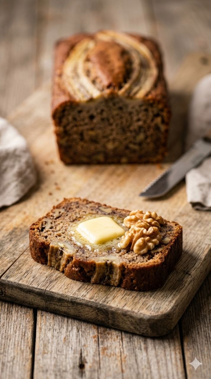Moist banana bread slice with melting butter and walnuts.