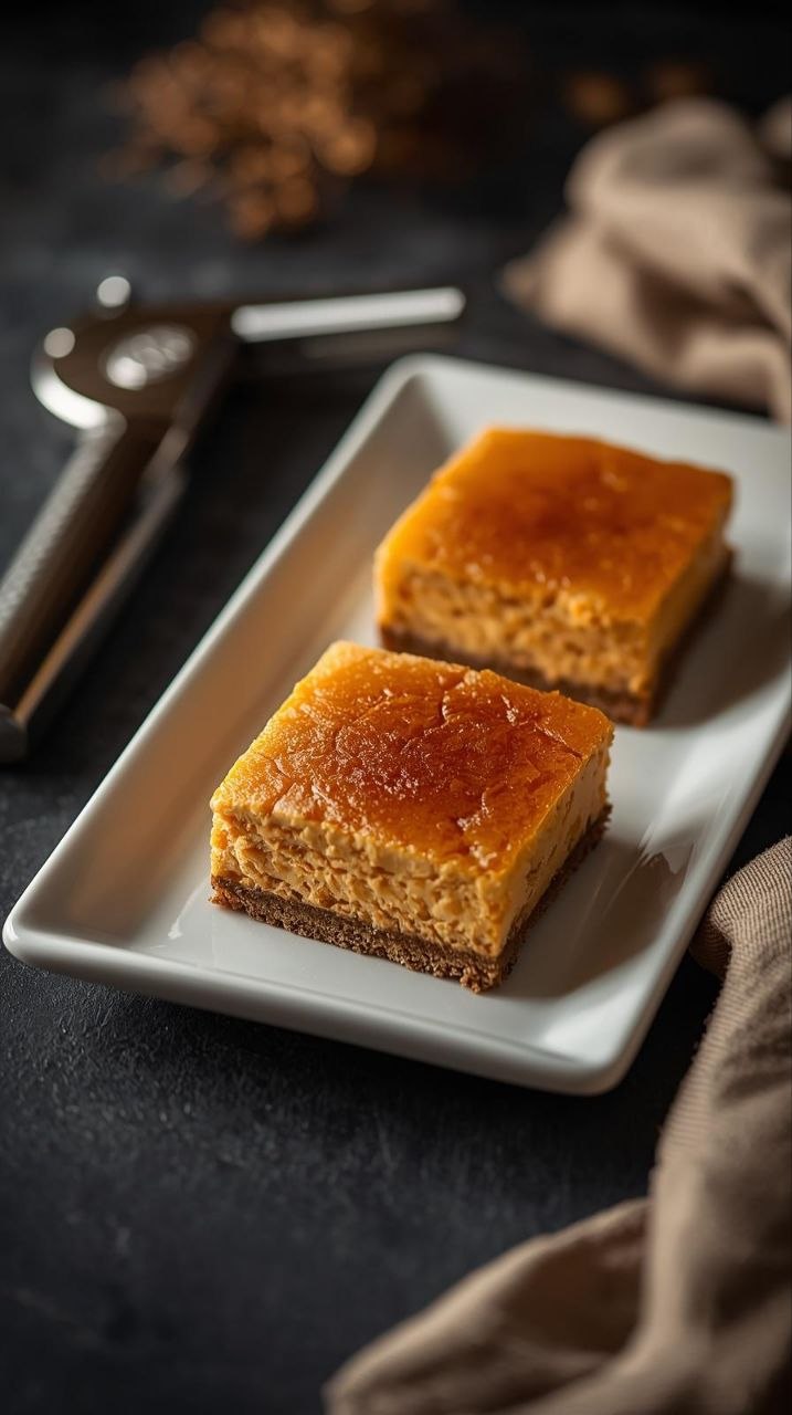 Pumpkin brûlée cheesecake bars with caramelized sugar topping and graham cracker crust on a white plate.