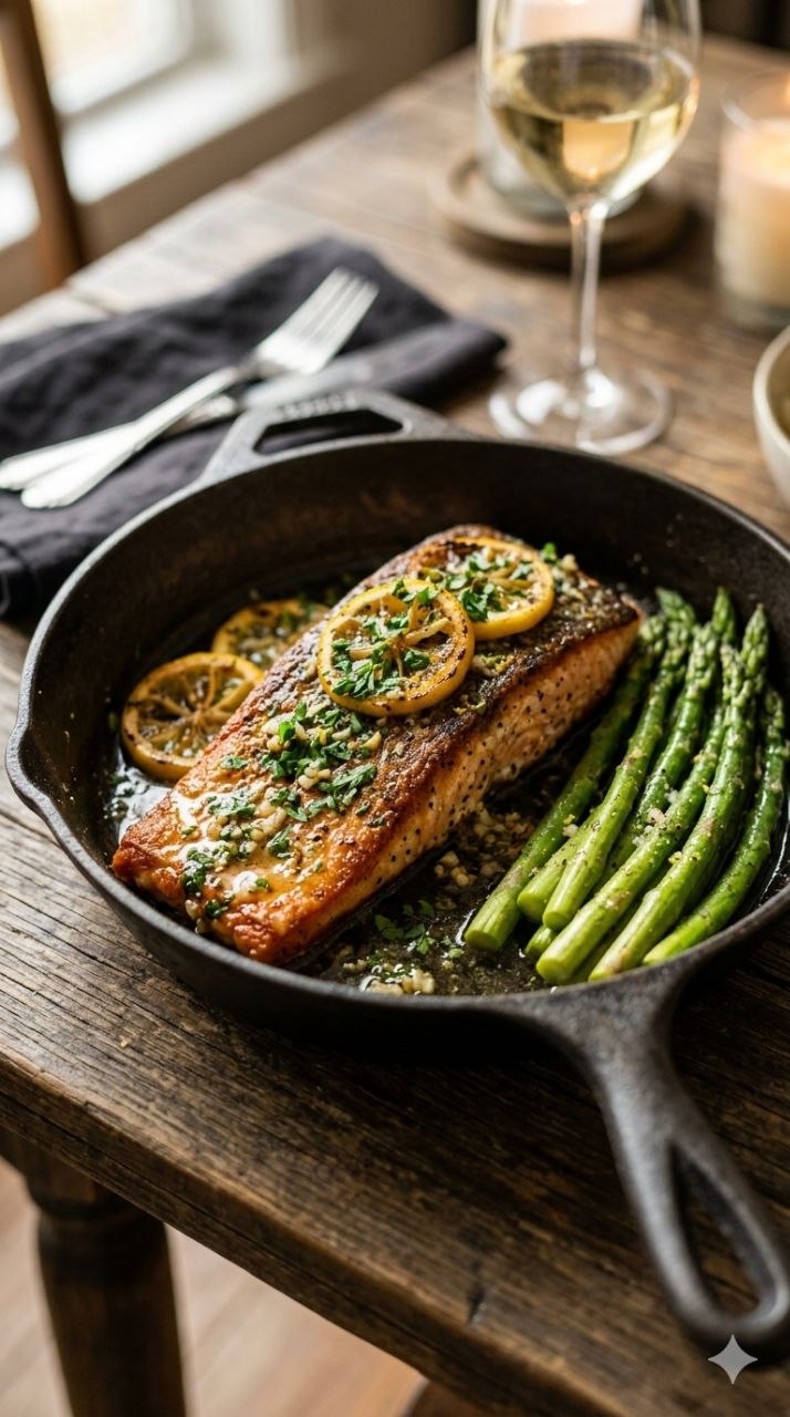 Seared salmon with garlic lemon butter sauce and asparagus in a cast iron skillet.