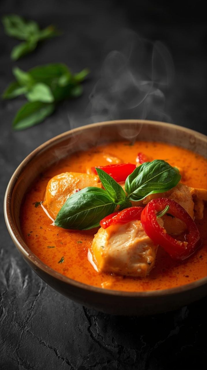 Bowl of Thai red chicken curry with coconut milk, fresh basil, and bell peppers, steam rising, vibrant food photography.