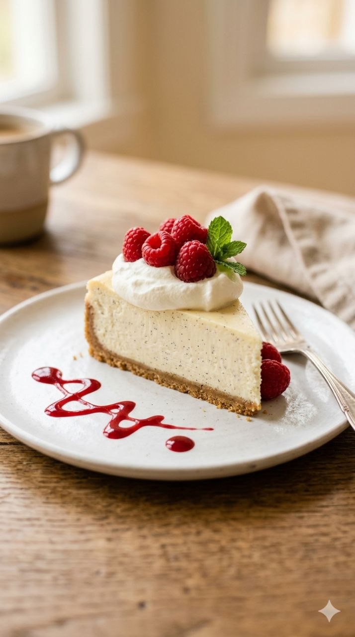 Vanilla bean cheesecake slice with raspberries and whipped cream on a white plate.