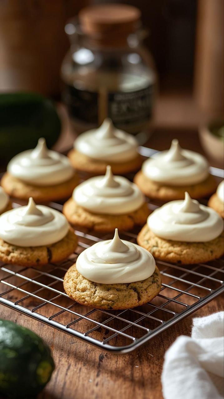 Soft zucchini cookies topped with cream cheese frosting on a cooling rack