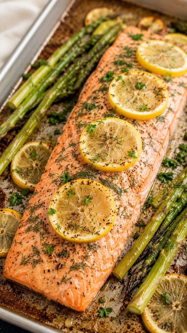 Baked lemon salmon with asparagus and lemon slices.